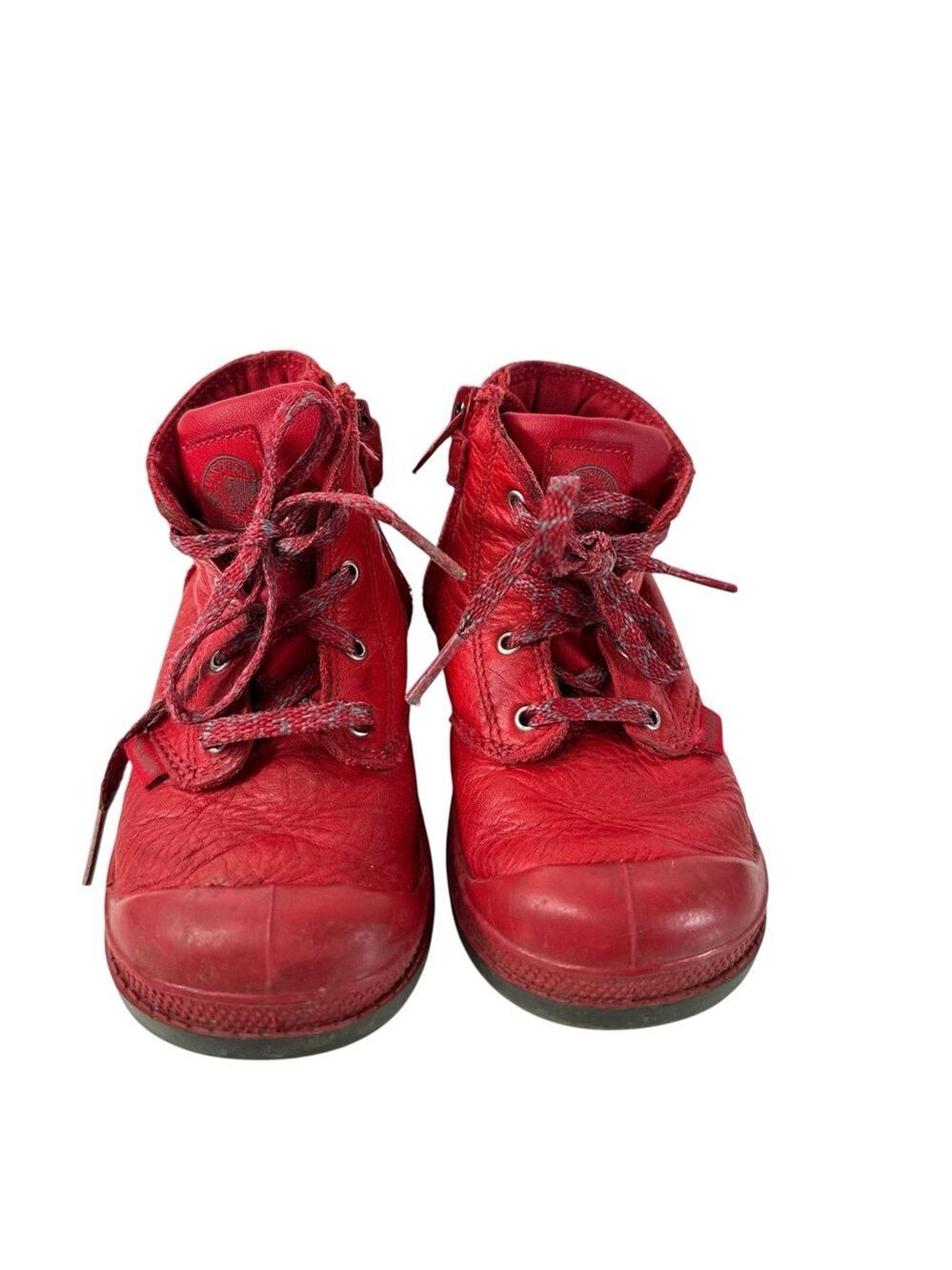 Palladium Kids Bright Red Lace Up Boots Infant 9 Leather Look Rugged Cute Fun